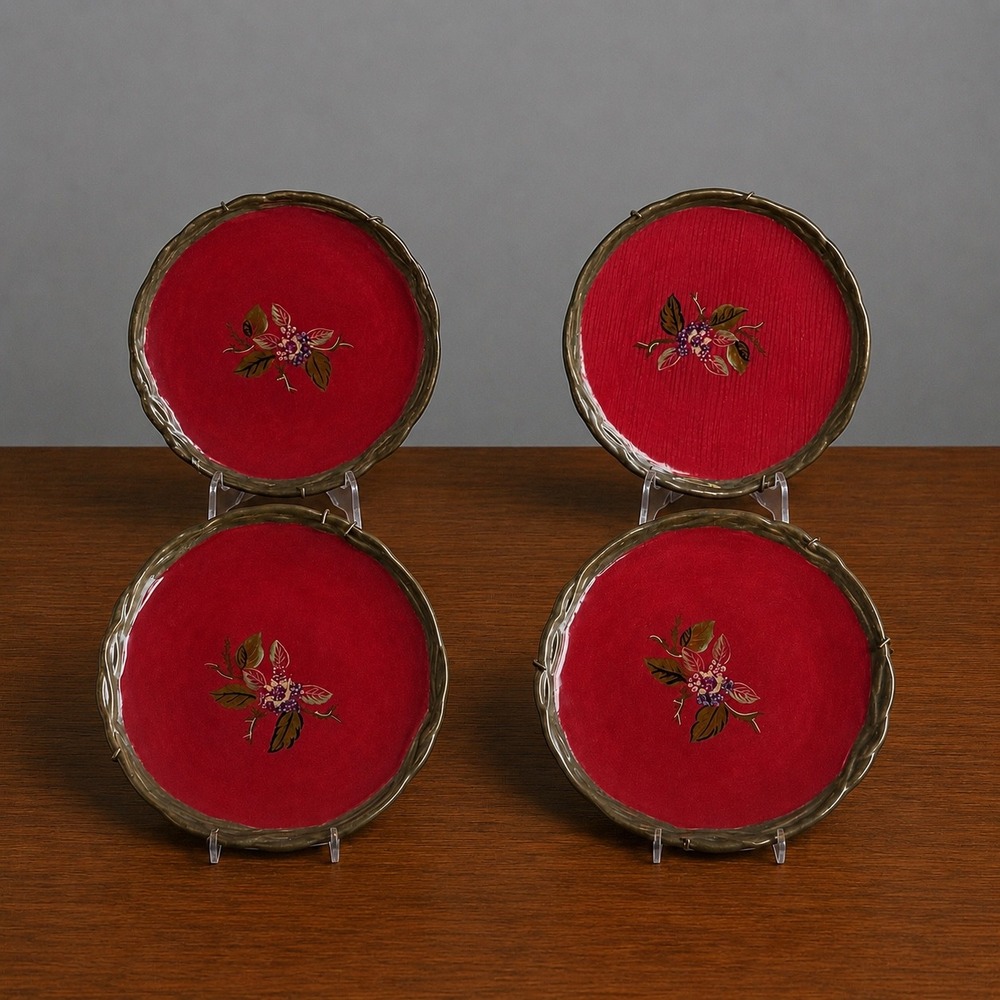 Tracy The Octavia Hill Collection‎ Red Floral Salad Plates Set of 4 Gold Rim 8"